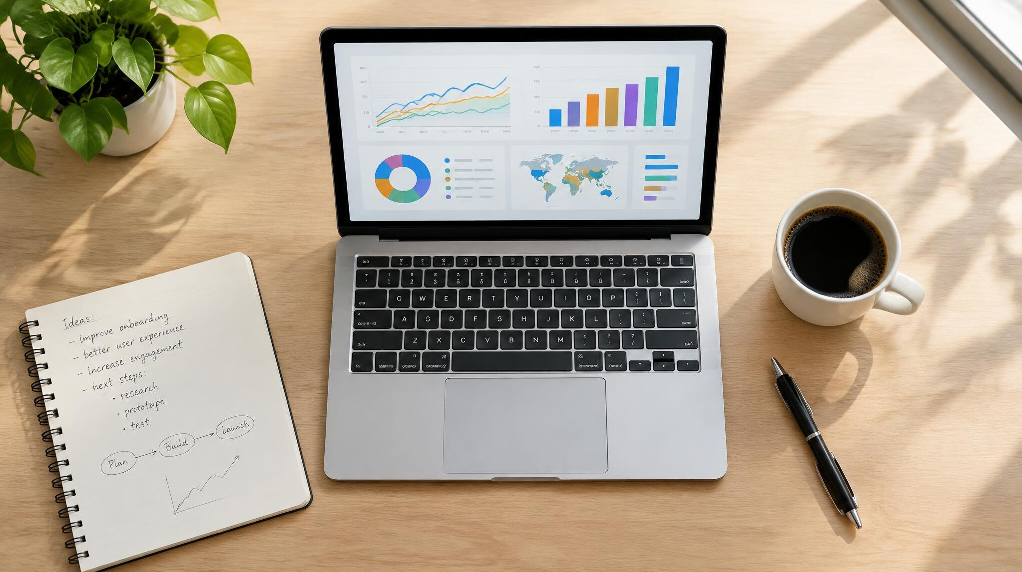 Desk with laptop showing data visualization and notebook