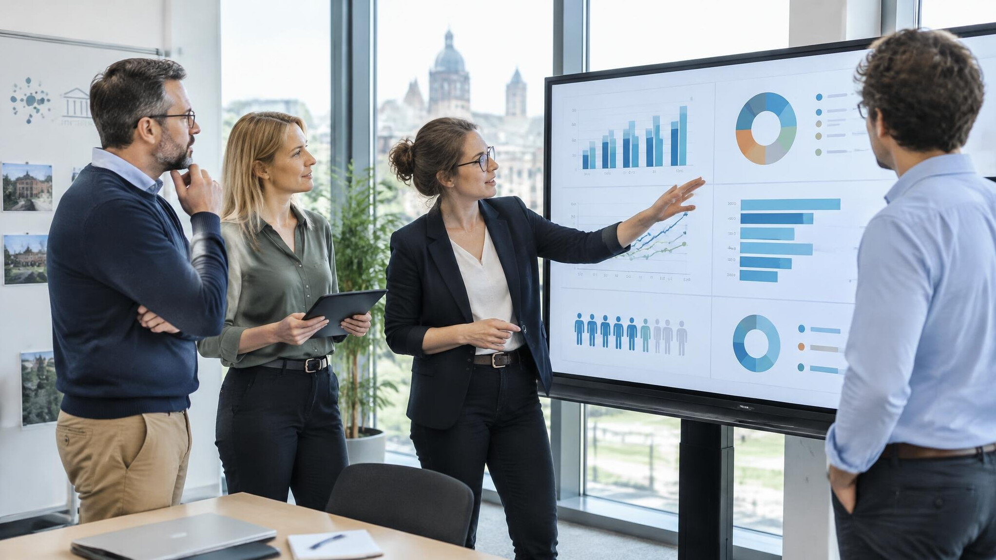 Team of researchers analyzing survey data on screens