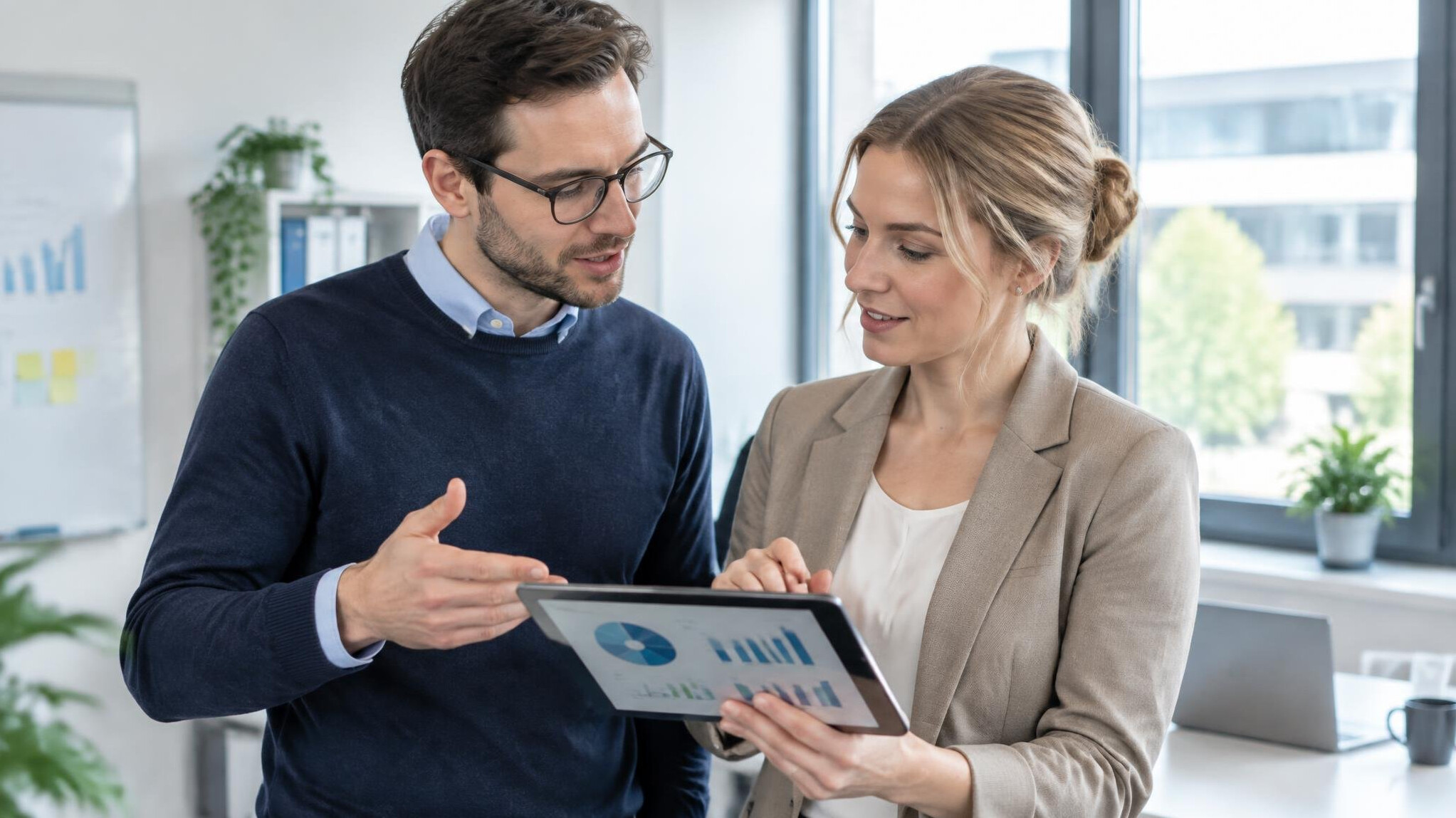 Two colleagues discussing research data on a tablet